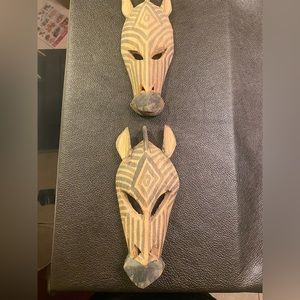 2 Hand Carved wooden African Wooden Zebra Masks